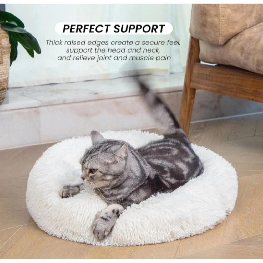 Calming Donut Cat Bed 24-Inch Faux Fur Plush Anti-Slip Waterproof White